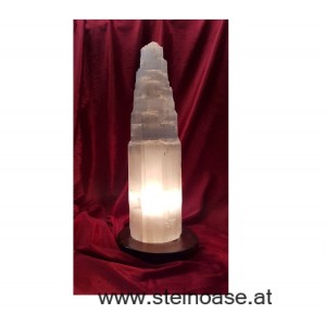 Selenit Lampe 'Turm' + LED  + Holzsockel